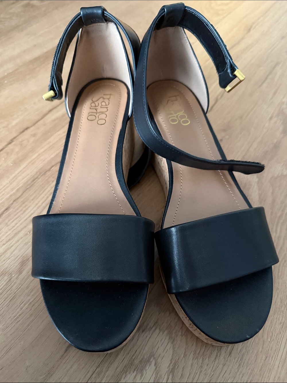 Franco Sarto Black Ankle-Strap Platform Sandals with Gold Buckle